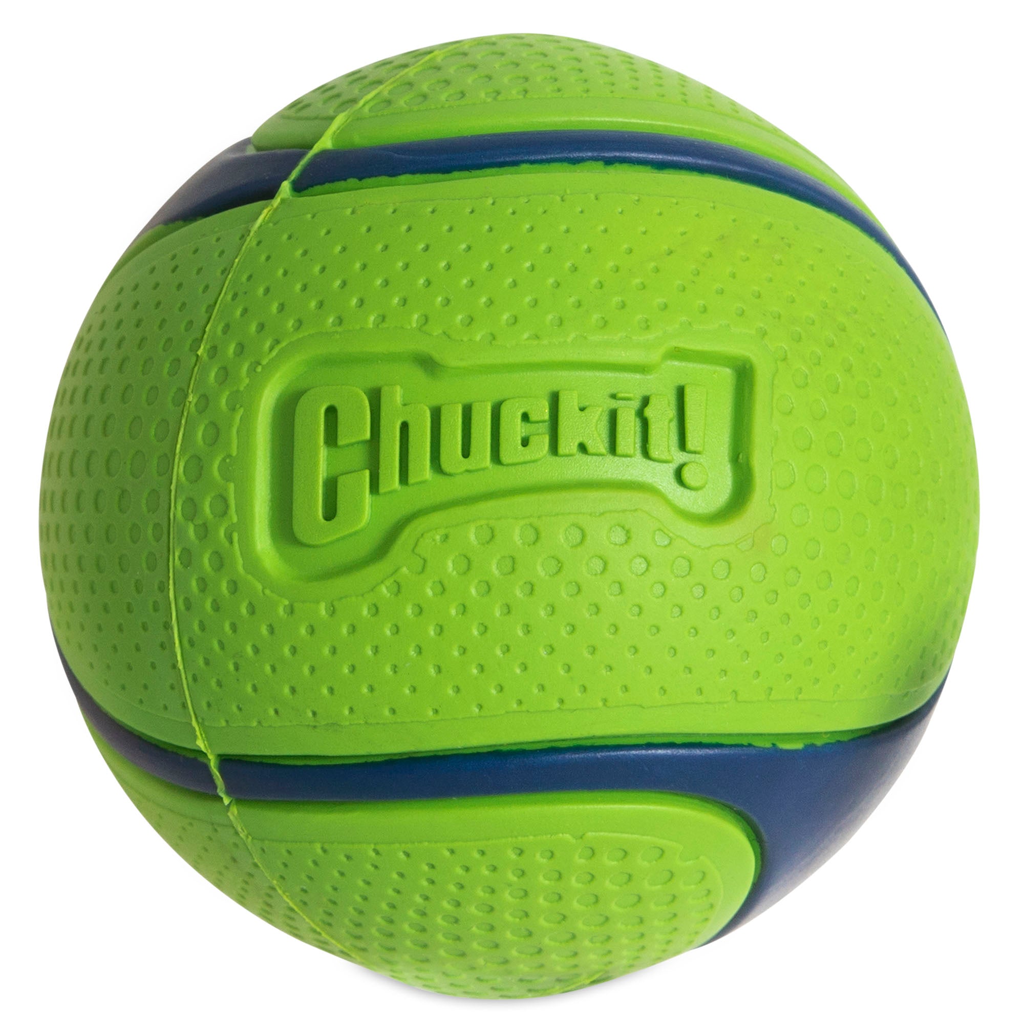 The Chuckit! Sniff Fetch Ball Duo, by Chuckit, features durable natural rubber with a textured green and blue design and embossed Chuckit! logo, ideal for pet play.