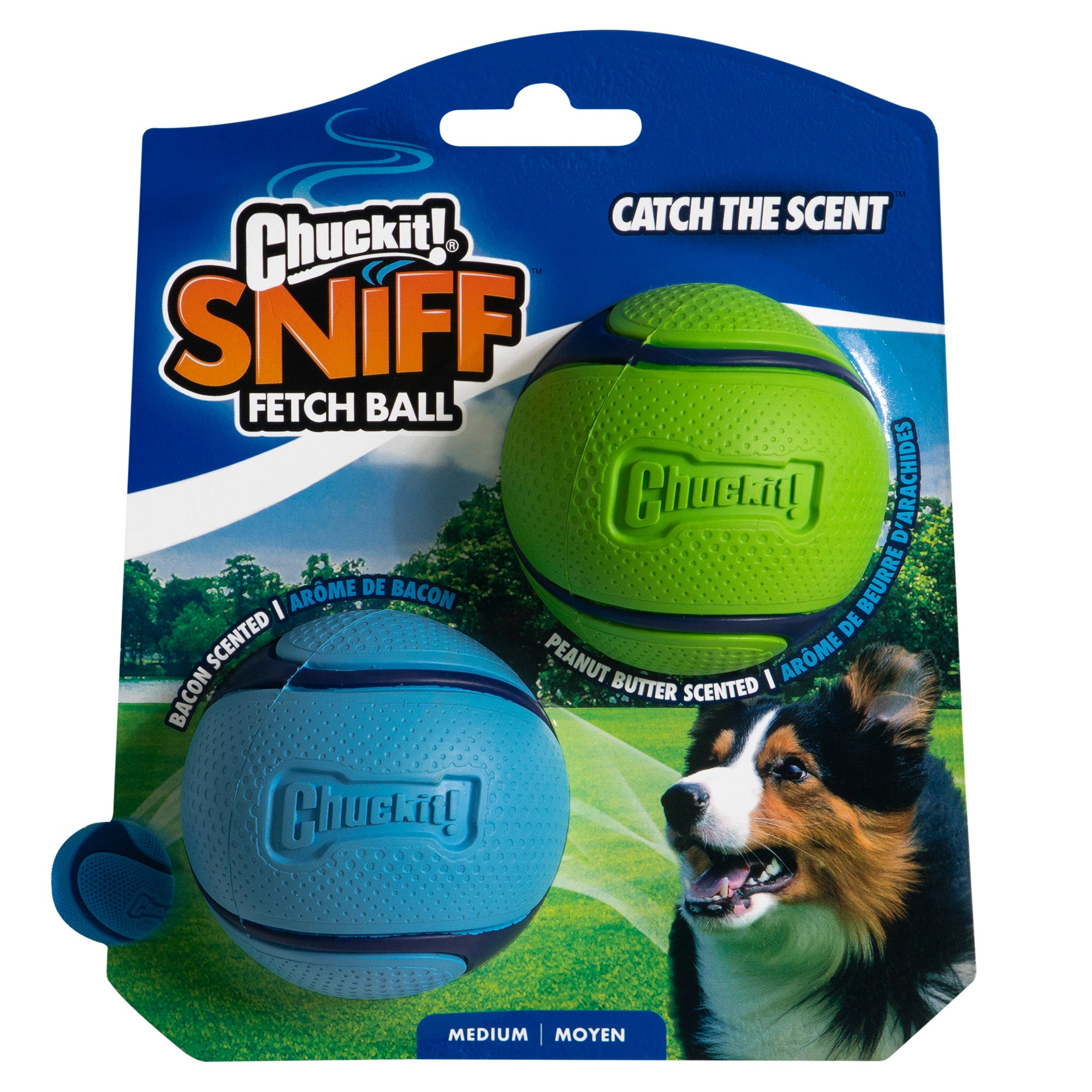 The Chuckit! Sniff Fetch Ball Duo by Chuckit features two balls with alluring peanut butter and bacon scents. Made from durable natural rubber, they sport a blue background and a playful dog image in the bottom right corner, ensuring hours of fetching fun.