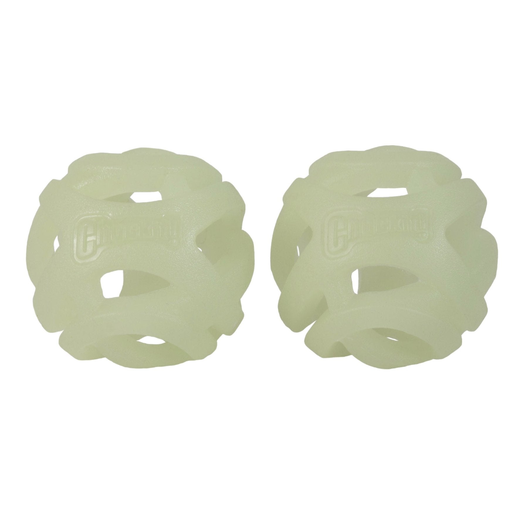 Two identical, spherical, light green Chuckit! Max Glow Air Fetch Ball toys feature an open lattice design and semi-transparent material, with the Chuckit logo embossed for style.