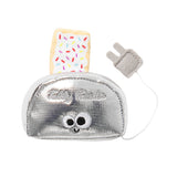The Mad Cat Buzzing For Breakfast toy is a silver fabric toaster with cute eyes and Tabby Toaster text. A sprinkle-covered pastry peeks out, and a plug is attached. Filled with Silvernip, its perfect for playful mornings!.