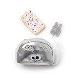 The Mad Cat Buzzing For Breakfast Cat Toy, a plush toaster set, includes a silver smiling toaster, a removable pastry slice, and a soft gray plug with a cord. Infused with Silvernip blend of catnip and silvervine for endless feline fun!.