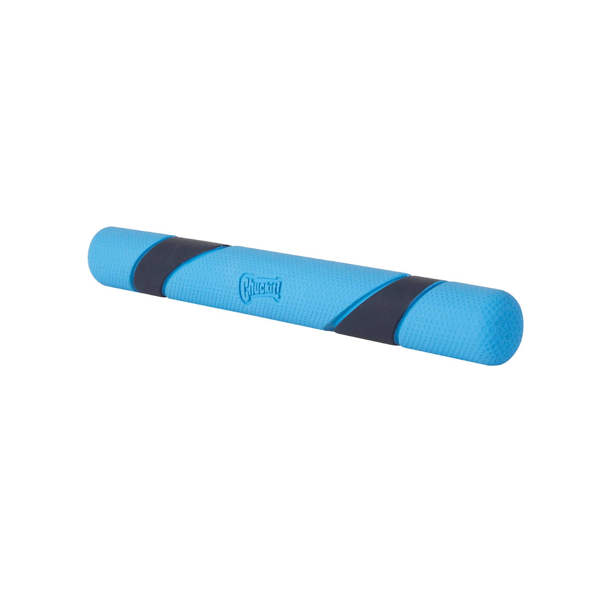The Chuckit! Bacon Scented Sniff Fetch Stick is a blue dog toy made from natural rubber, with a tube shape, textured surface, and black grips. The Chuckit logo is embossed on it, and it has a hint of bacon scent to entice playful pups.
