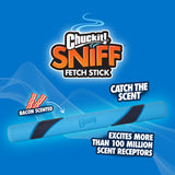 A Chuckit Bacon Scented Sniff Fetch Stick, crafted from sturdy natural rubber, rests on a blue background. Its enticing bacon scent captivates over 100 million scent receptors during every play session.