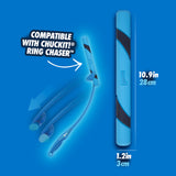 The Chuckit! Bacon Scented Sniff Fetch Stick is designed for enhanced playtime, featuring durable natural rubber construction. The image highlights its motion compatibility and design, which measures 10.9 inches in length and 1.2 inches in diameter, but designed in a blue-black color scheme.