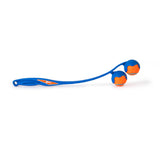 Meet the Chuckit! 22M Double Launcher Dog Toy by Chuckit, featuring a blue and orange design with an ergonomic grip for comfortable use and a small hole for easy hanging storage. It includes two rubber balls for slobber-free pickup, offering endless fun for you and your furry friend.