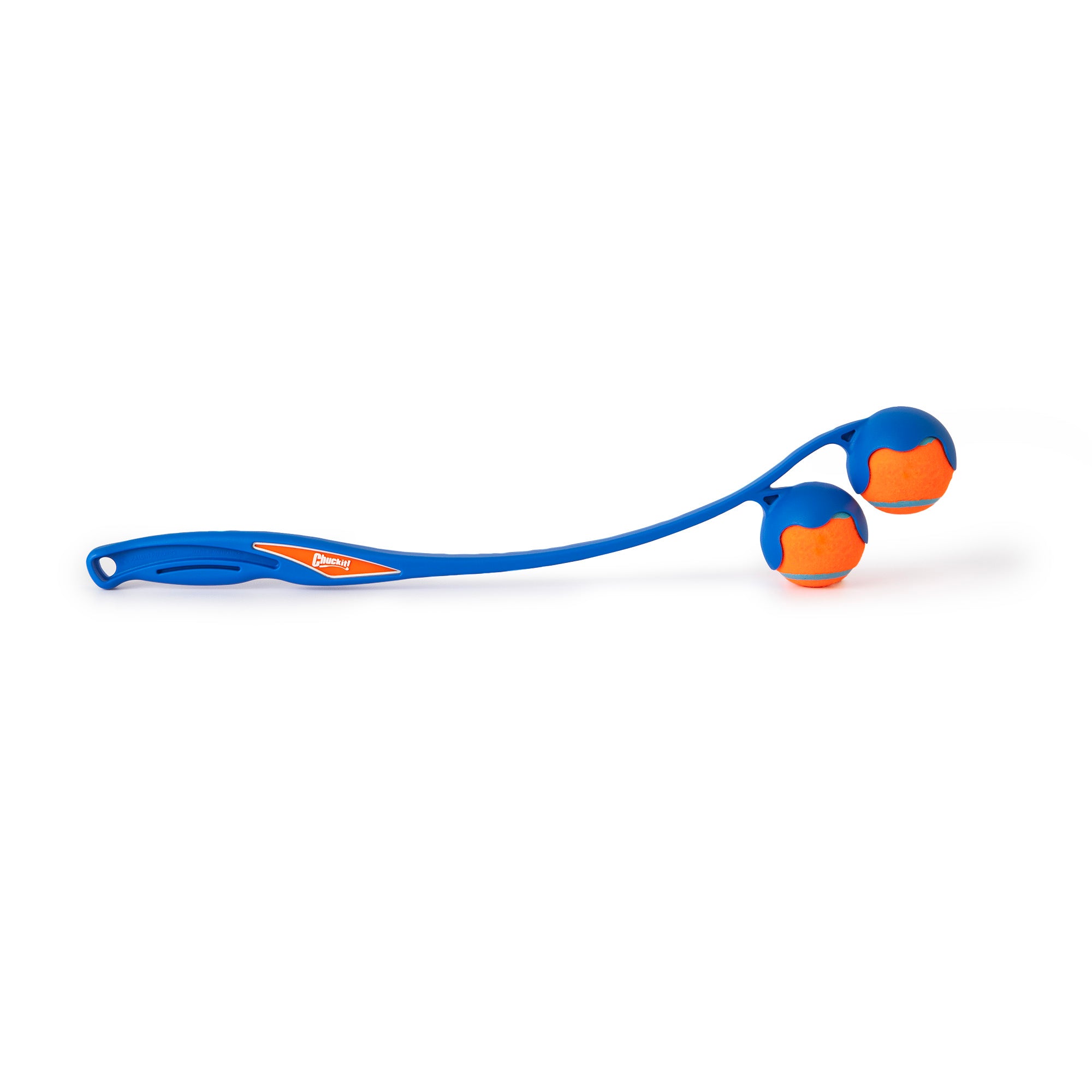 Meet the Chuckit! 22M Double Launcher Dog Toy by Chuckit, featuring a blue and orange design with an ergonomic grip for comfortable use and a small hole for easy hanging storage. It includes two rubber balls for slobber-free pickup, offering endless fun for you and your furry friend.