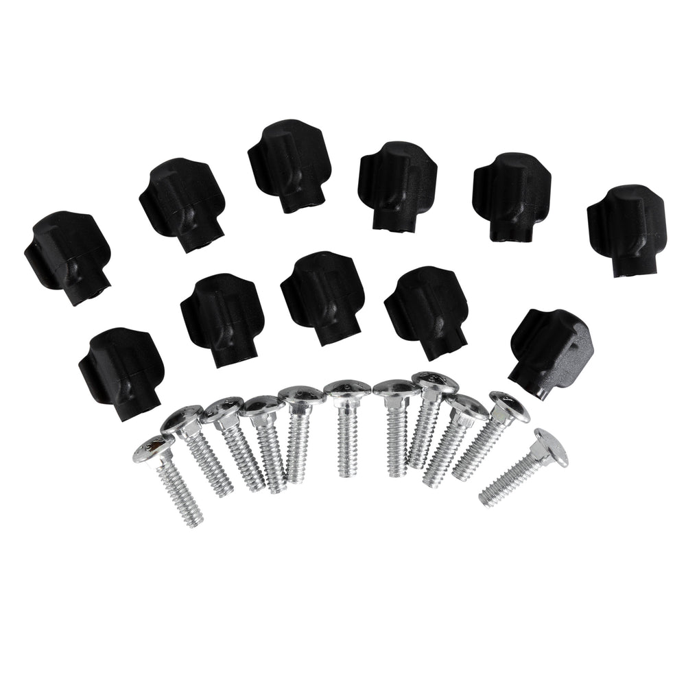 A set of twelve black plastic knobs from Petmates Tri Wing 0.75 Hardware For Kennels is laid out in two rows, with eighteen silver metal screws arranged in three rows, all on a white background.