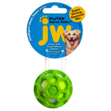 The JW ProTen Hol-ee Roller Dog Toy by Jw is a green rubber toy with hexagonal cutouts. Its packaging shows a smiling dog next to Super Strong, Squeeze Me! Perfect for fetch, its crafted from durable natural rubber.