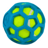 The JW ProTen Hol-ee Roller Dog Toy by JW features a bright yellow tennis ball wrapped in durable rubber hexagonal mesh, resembling a soccer ball pattern. Its textured grip is perfect for play, and the vibrant colors provide a striking contrast, making it an ideal dog toy.