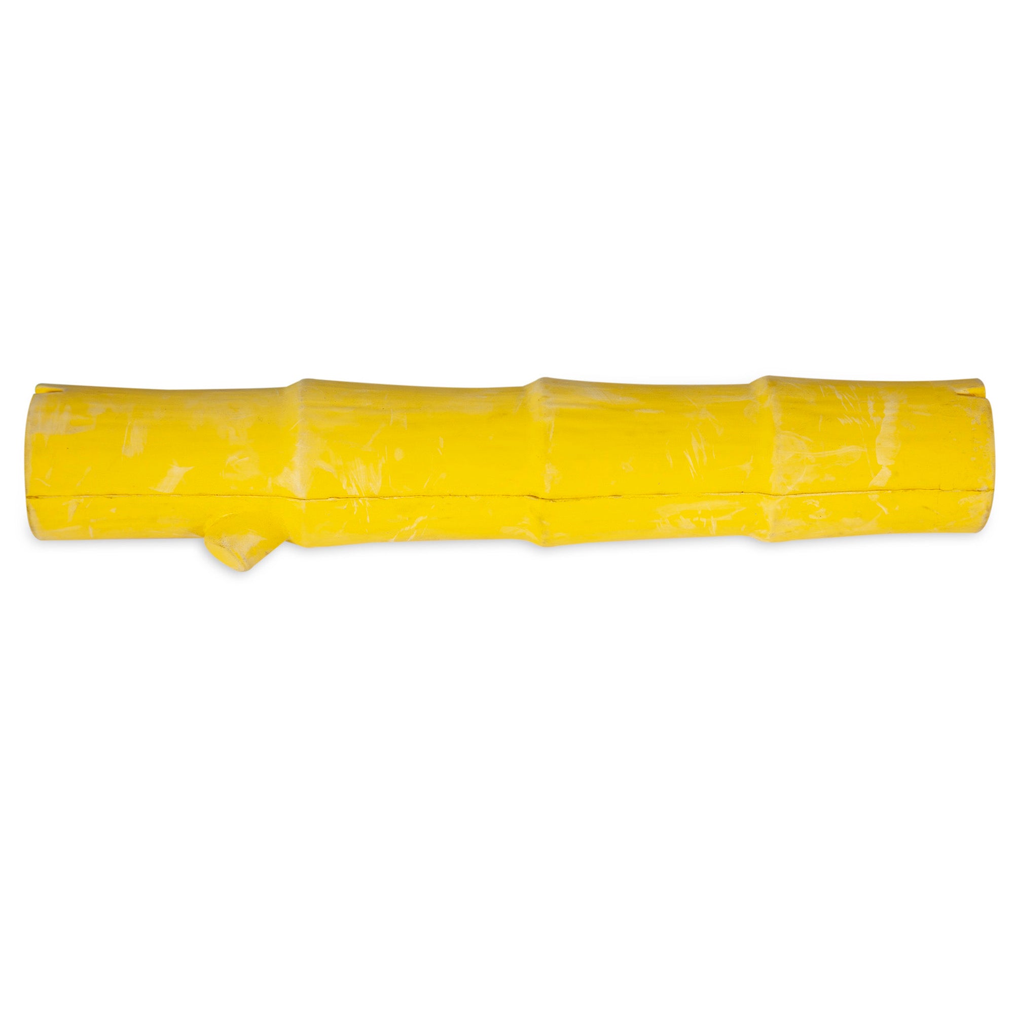 The JW Bamboo Stick by Jw is a long, yellow cylindrical dog toy with bamboo-like segments and a smooth, shiny surface. It stands out against the plain white background, making it both durable and eye-catching for pets.