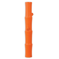 The JW Bamboo Stick from Jw is an orange rubber dog toy shaped like a bamboo stick with segmented sections and a small knob resembling a branch, shown standing upright on a plain white background.