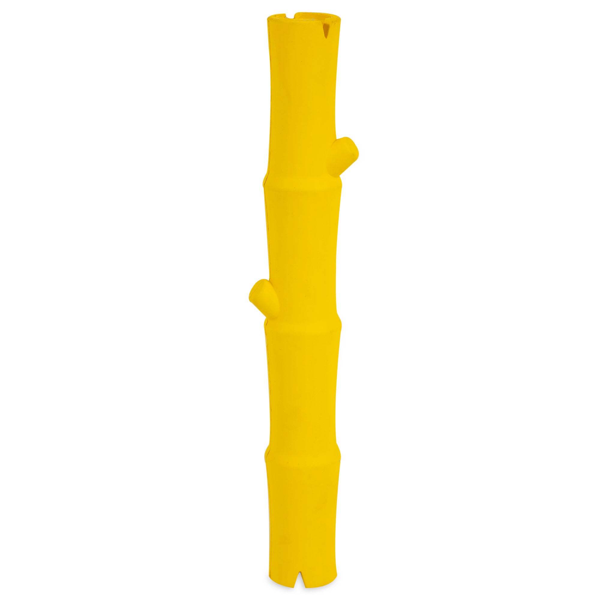 The JW Bamboo Stick by Jw is a bright yellow, cylindrical dog toy resembling a bamboo stalk with two small protrusions on one side. Its smooth and uniform surface makes it durable, perfect for playtime.