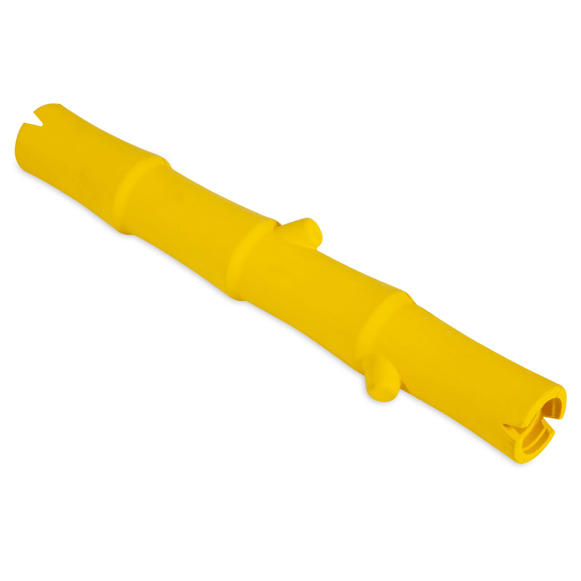 The JW Bamboo Stick, a yellow silicone dog toy by Jw, mimics a bamboo stick with grooves and ridges, promising durability and fun for your pet against a plain white background.