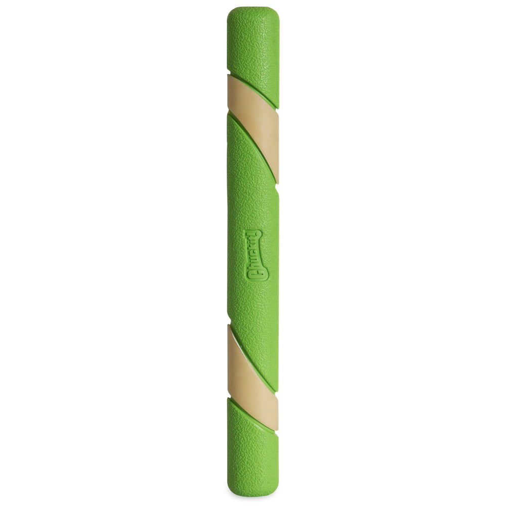 The Chuckit Max Glow Ultra Fetch Stick by Chuckit is a green cylindrical dog toy with two beige spiral wraps for grip. Its rough texture suits active play, and an embossed logo adds style, ensuring fun and durability in every toss!.