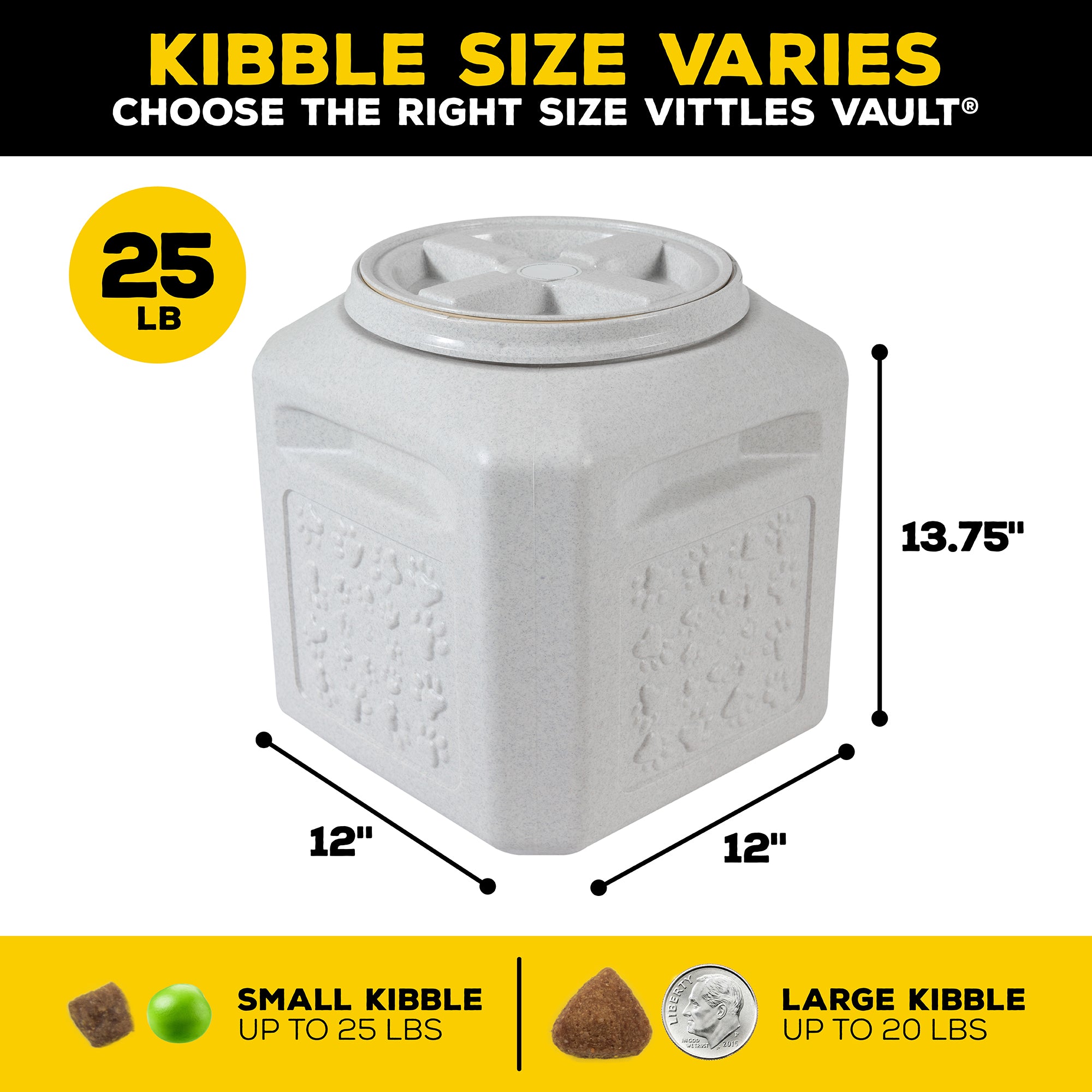 The Vittles Vault Pawprint Outback container by Vittles Vault, a gray 25 lb BPA-free plastic storage unit, is ideal for pet food. It measures 12 wide and 13.75 tall, includes an airtight screw lid, and holds up to 25 lbs of small kibble or 20 lbs of large kibble.