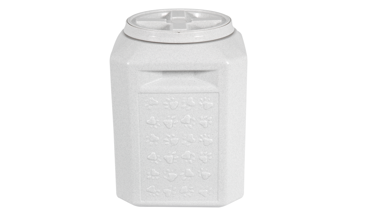 The Vittles Vault Pawprint Outback Food Storage Container features an airtight round lid and a raised panel with a leaf design. Made from BPA-free plastic, its angular shape and smooth surfaces make it ideal for storing pet food. The containers background is white.