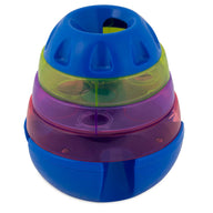 The JW Treat Tower Treat Dispensing Dog Toy by Jw is a vibrant, stackable puzzle with blue, green, and pink translucent rings and a grooved top. Shaped like an egg or dome, it encourages playful learning for kids’ cognitive development through assembly fun.