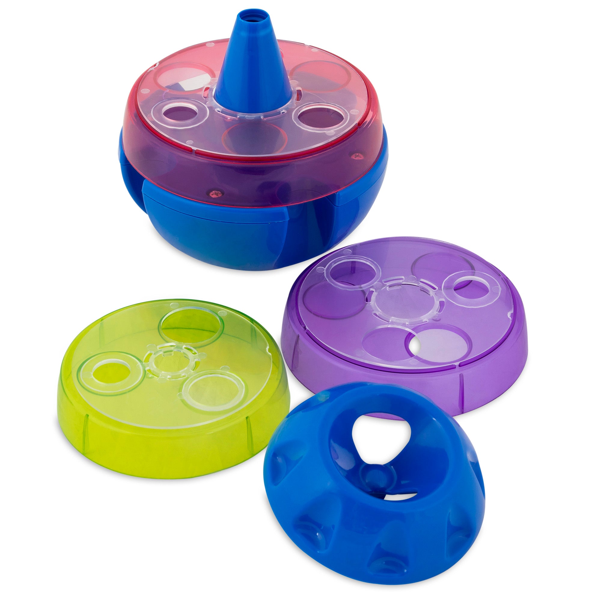 Enhance playful learning with the JW Treat Tower Treat Dispensing Dog Toy by Jw. This colorful, round toy comes in shades of red, blue, purple, and green with a cone-shaped top. Made of transparent plastic, its perfect for inspiring creativity and discovery through engaging activities.