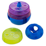 The JW Treat Tower Dog Toy by Jw is designed for playful learning with stackable, translucent rings in purple, blue, and green. It features adjustable difficulty levels with a center hole and circular openings to engage dogs in meaningful play.
