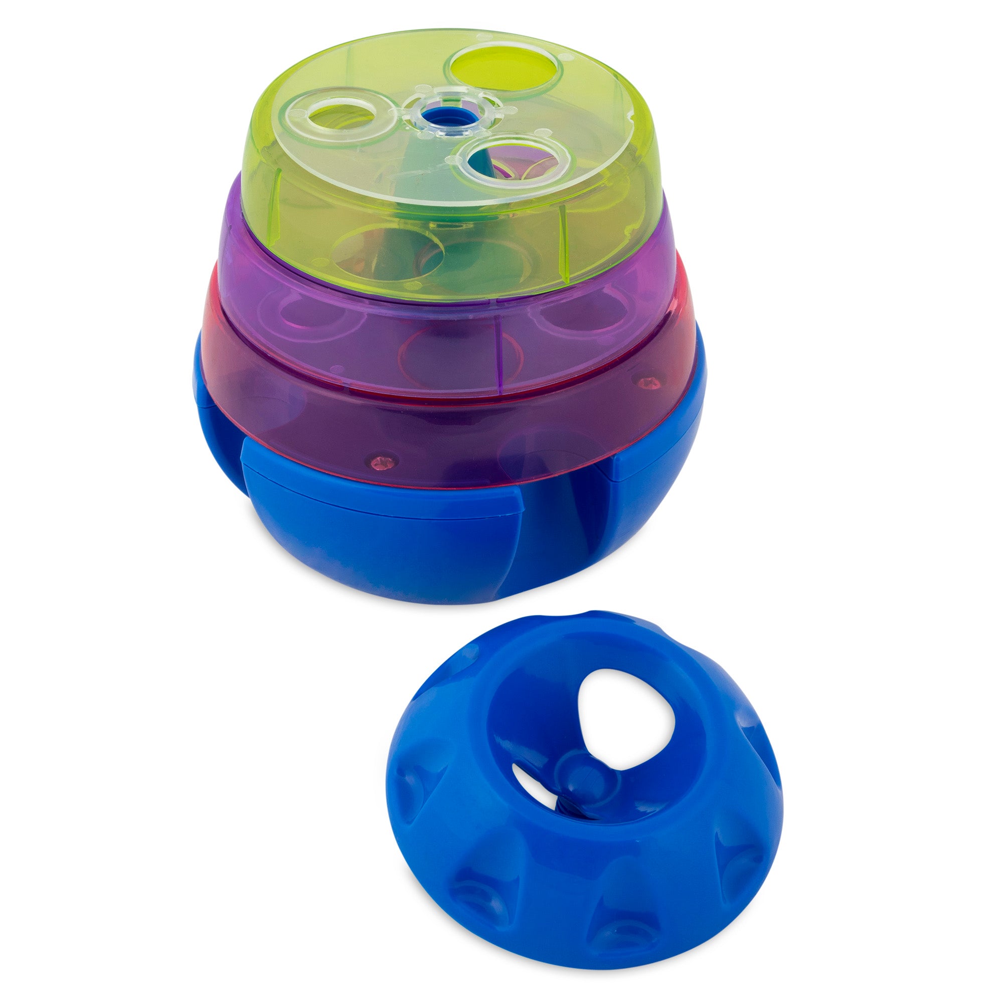 The JW Treat Tower Treat Dispensing Dog Toy by Jw is a stackable, colorful plastic toy with four layers in green, yellow, purple, and blue, featuring circular cutouts. It includes a detached blue lid with a handle and offers adjustable difficulty for an engaging learning activity.