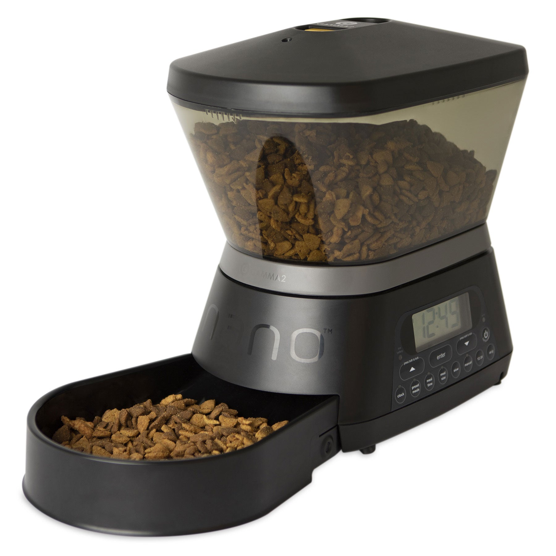 The GAMMA2 NANO Automated Pet Feeder by Gamma2 boasts sleek black design with Gamma Seal Technology, a clear dry kibble container, digital display, and programmable buttons for precision-timed meals delivered to the feeding tray.