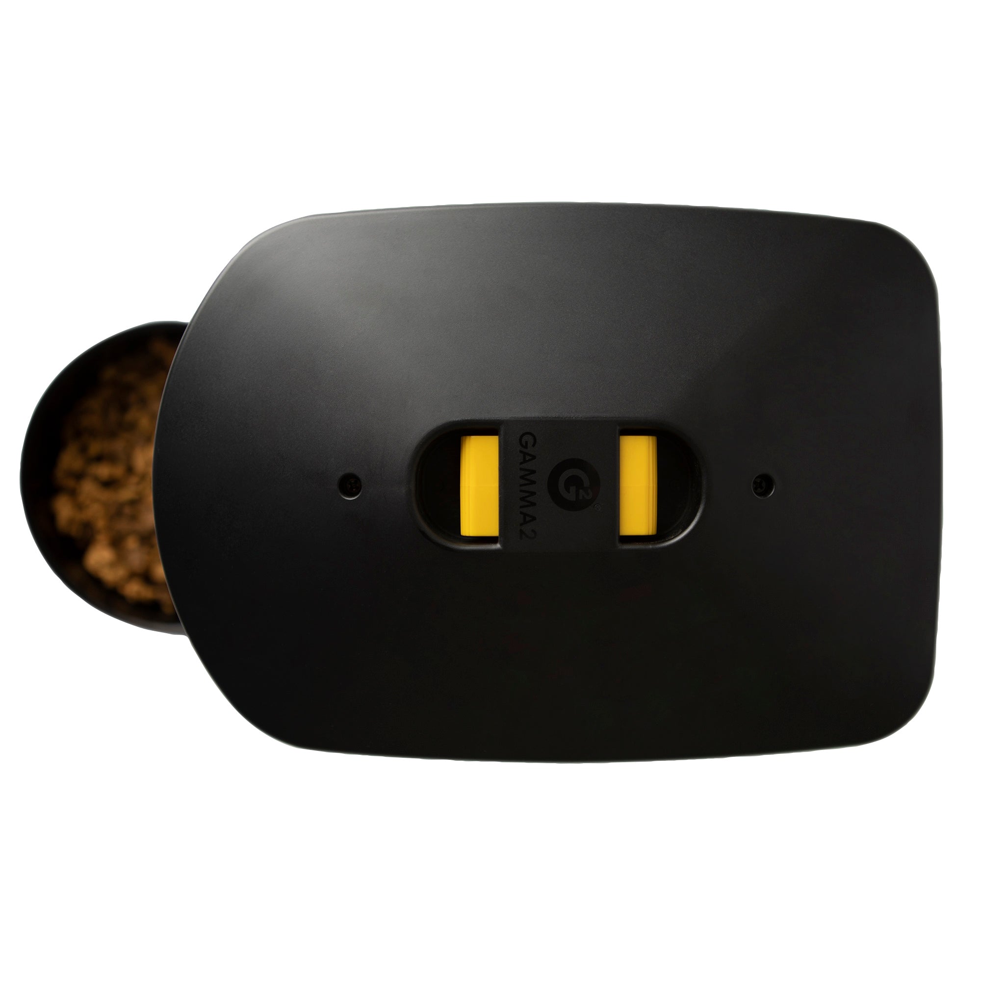 A sleek, black pet food container with a yellow latch showcases the brand Gamma2. It features Gamma Seal Technology, and its lid partially opens to reveal kibble. The containers design enhances the GAMMA2 NANO Automated Pet Feeder experience.