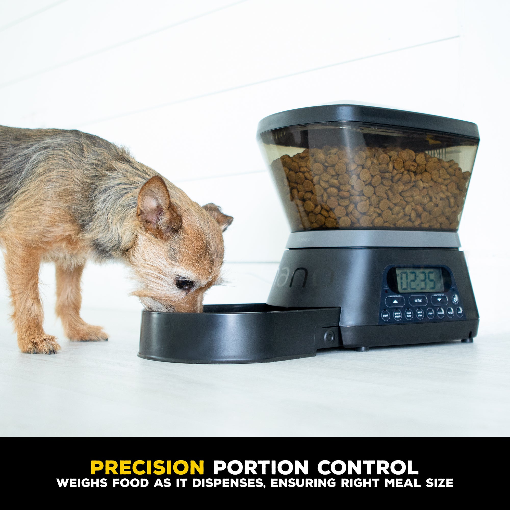 A small brown dog eats kibble from a GAMMA2 NANO Automated Pet Feeder, which displays 02:35. The text highlights Precision Portion Control—Weighs food as it dispenses for the right meal size, utilizing Gamma Seal Technology.