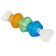 The JW Ever Tuff Dog Treat Pod Toy by Jw is a vibrant interactive chew toy with three interlocking segments in orange, green, and blue, ending in two white bone-shaped ends.