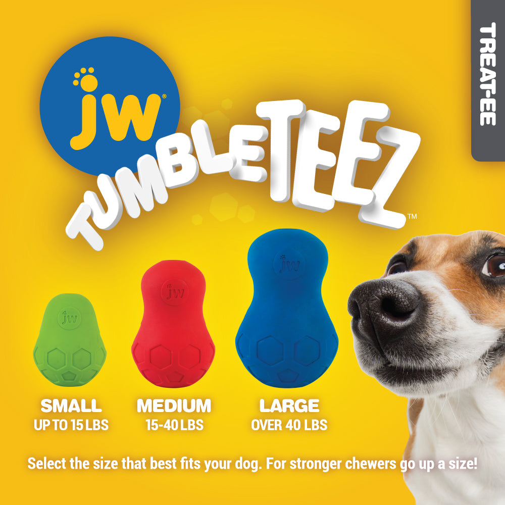 A promotional image for JW Tumble Teez by Jw shows dog chew toys perfect for treat dispensing in small (green, up to 15 lbs), medium (red, 15-40 lbs), and large (blue, over 40 lbs) sizes. A dogs face is on the right against a bright yellow backdrop.
