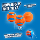 Image displaying three orange and blue Chuckit! Fetch Medley Gen 3 dog balls, each 2.5 inches (6.4 cm) in diameter, labeled How big is this toy? Ideal for medium breeds, compatible with all medium launchers, featuring the Rugged Ball from the series against a blue background.