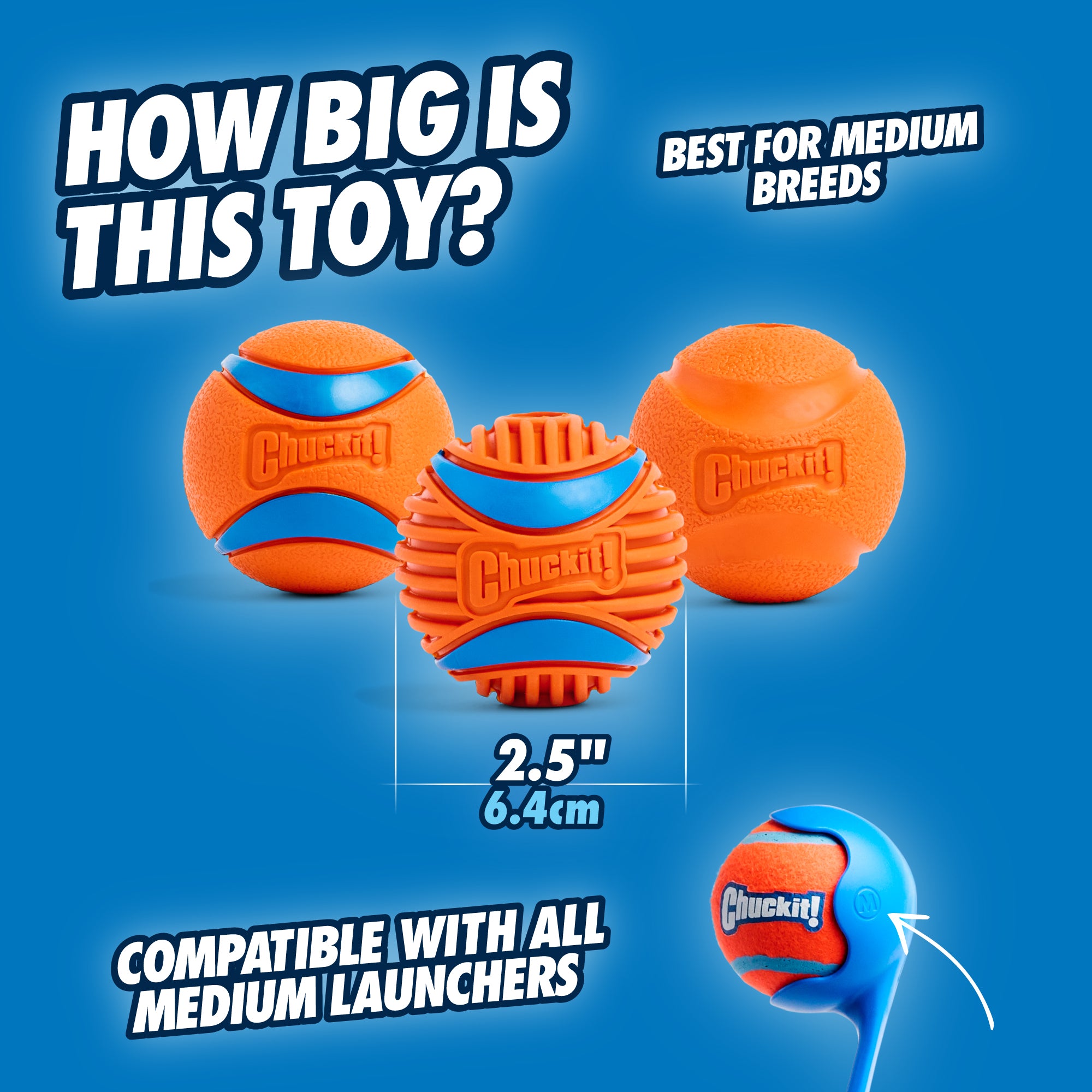 Image displaying three orange and blue Chuckit! Fetch Medley Gen 3 dog balls, each 2.5 inches (6.4 cm) in diameter, labeled How big is this toy? Ideal for medium breeds, compatible with all medium launchers, featuring the Rugged Ball from the series against a blue background.