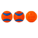 The Chuckit! Fetch Medley Gen 3 features three orange dog balls, each with unique blue accents and textured surfaces, designed for play and retrieval by dogs.