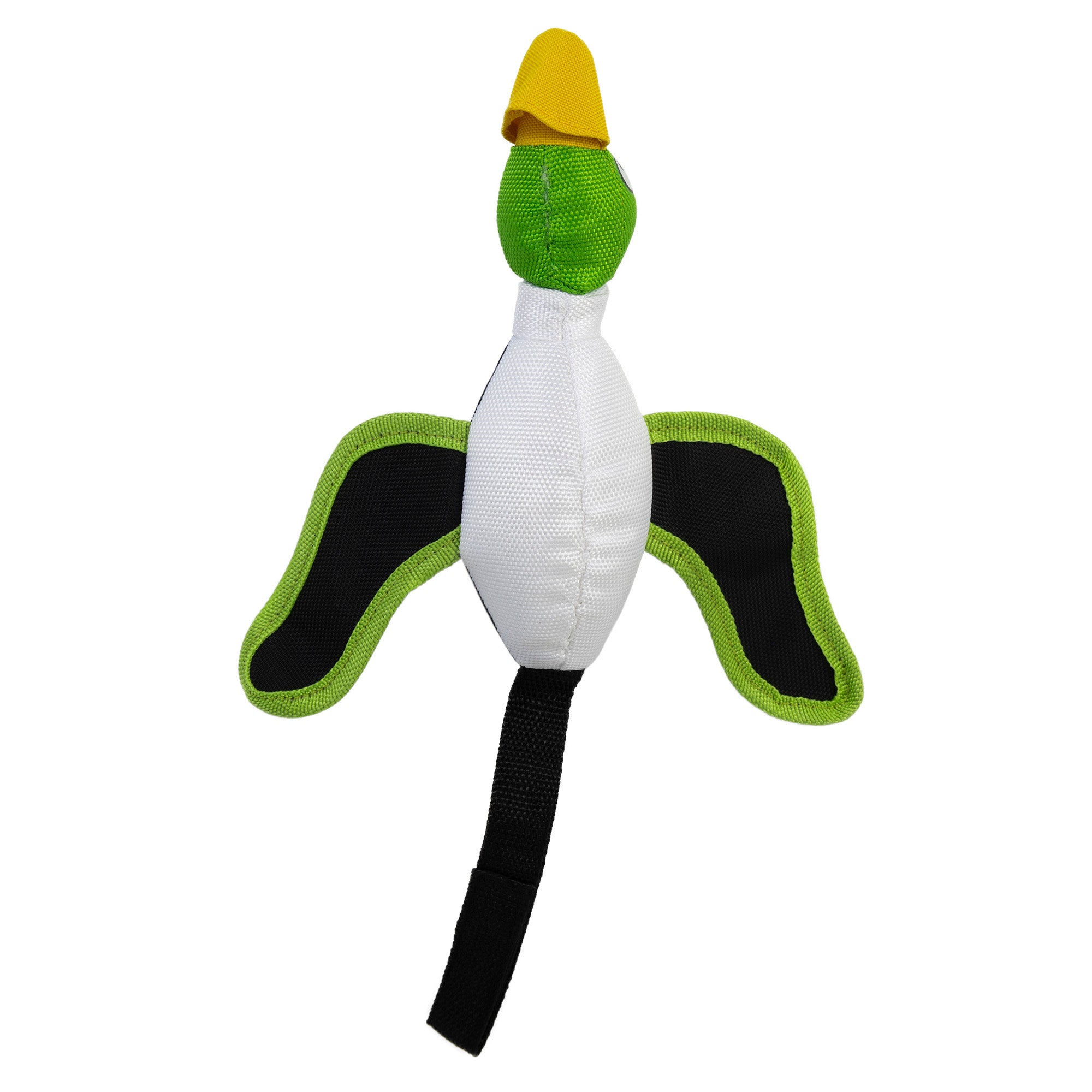 Introducing the Hyper Pet Mini Flying Duck Green Dog Toy by Hyperpet, designed like a duck with a green head, yellow beak, white body, black and green wings, and a long black tail. Made from non-toxic vinyl for safe fetching and chewing with slingshot-style fun!.
