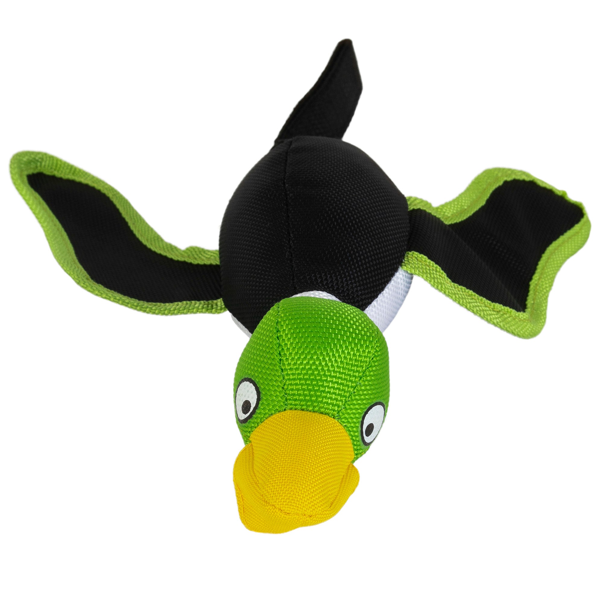 Introducing the Hyper Pet Mini Flying Duck Green Dog Toy by Hyperpet, a playful plush resembling a black bird with green accents. Made from non-toxic vinyl, it features a bright yellow beak and cartoon eyes for a slingshot-style charm.