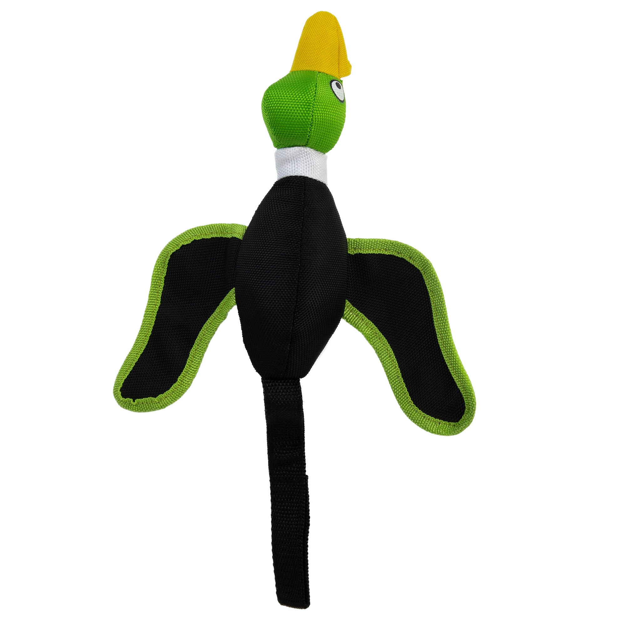 The Hyper Pet Mini Flying Duck Green Dog Toy by Hyperpet is a slingshot-style delight for dogs, featuring a green and black duck shape with a yellow beak. Made from non-toxic vinyl, it ensures safe play and chew activities for your furry friend.