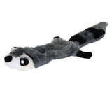 The Hyperpet Hyper Pet Critter Skinz Raccoon Large Dog Toy is a stuffing-free, gray and white raccoon plush with black markings and a long tail. Its realistic design resembles the animal, laying flat on a white backdrop.