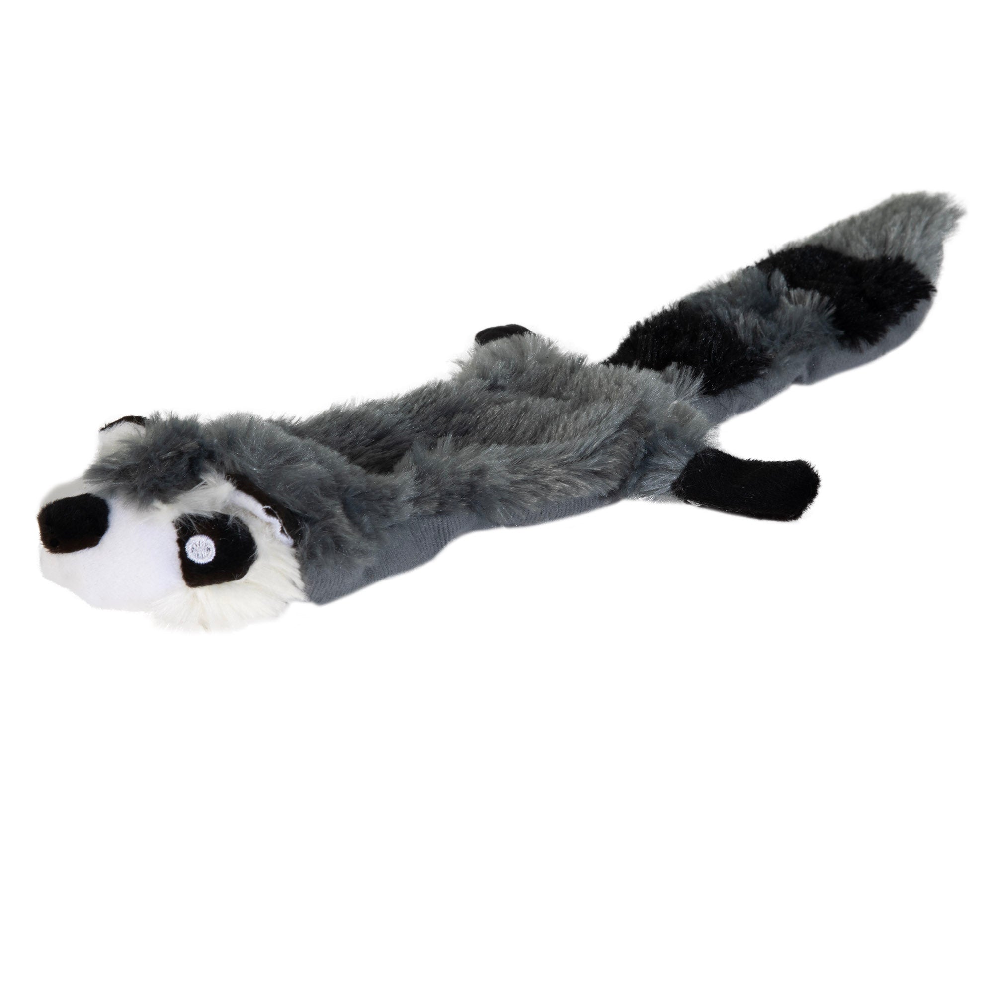 The Hyperpet Hyper Pet Critter Skinz Raccoon Large Dog Toy is a stuffing-free, gray and white raccoon plush with black markings and a long tail. Its realistic design resembles the animal, laying flat on a white backdrop.