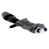The Hyper Pet Critter Skinz Raccoon Large Dog Toy by Hyperpet is a realistic raccoon toy with a long, fluffy tail and black, white, and gray fur. This stuffing-free dog toy lies flat on a white background.