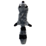 Discover the Hyper Pet Critter Skinz Raccoon Large Dog Toy by Hyperpet. It showcases a realistic raccoon design with a long gray body, black paws, and a distinctive black and white face mask. This stuffing-free toy ensures mess-free fun, and its striped bushy tail adds to its raccoon look.