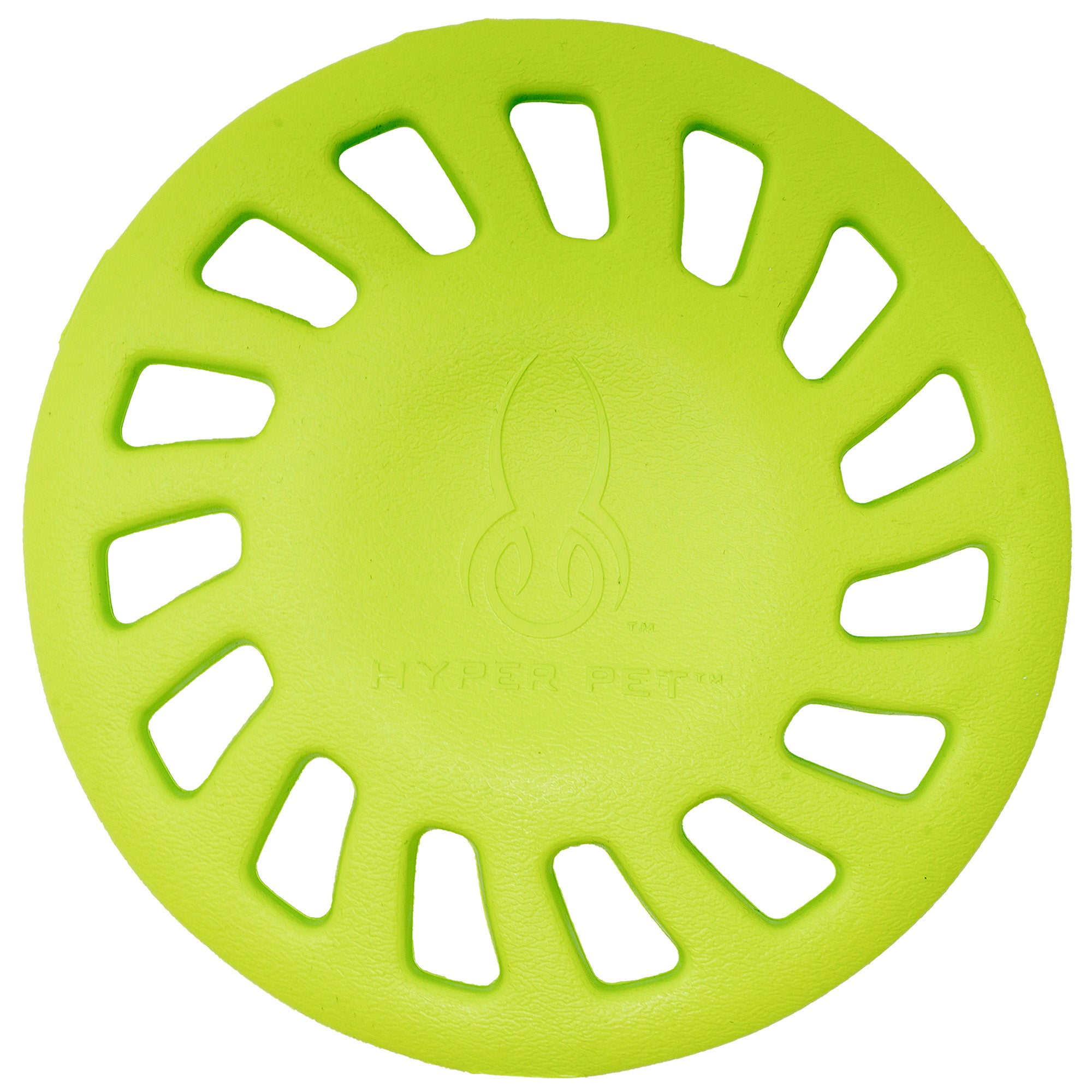 The Hyper Pet Chewz Hubcap EVA Foam Dog Toy by Hyperpet is a bright green, circular chew toy made from non-toxic materials. It features evenly spaced cutouts, an embossed logo at the center with Hyper Pet written on it, ensuring fun and safety for your dog.