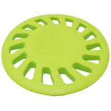 The Hyperpet Chewz Hubcap from Hyper Pet is a lime green EVA foam circular dog toy with grip-enhancing cut-outs, non-toxic and durable. Its center features an embossed stylized rocket logo, ideal for safe chew sessions and active playtime.