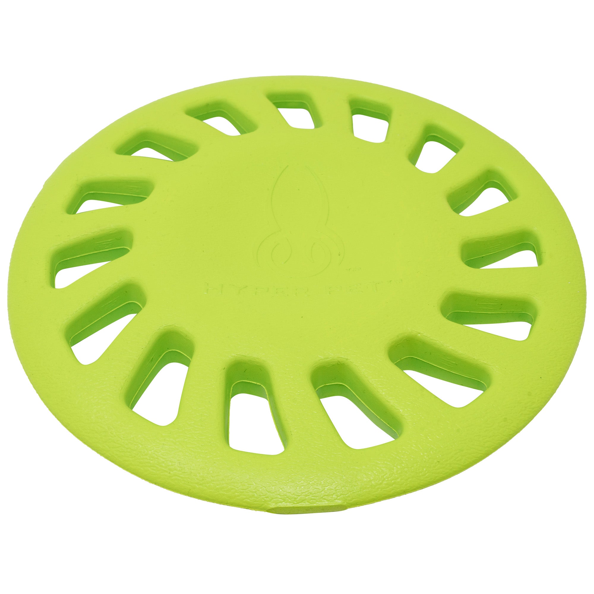 The Hyperpet Chewz Hubcap from Hyper Pet is a lime green EVA foam circular dog toy with grip-enhancing cut-outs, non-toxic and durable. Its center features an embossed stylized rocket logo, ideal for safe chew sessions and active playtime.