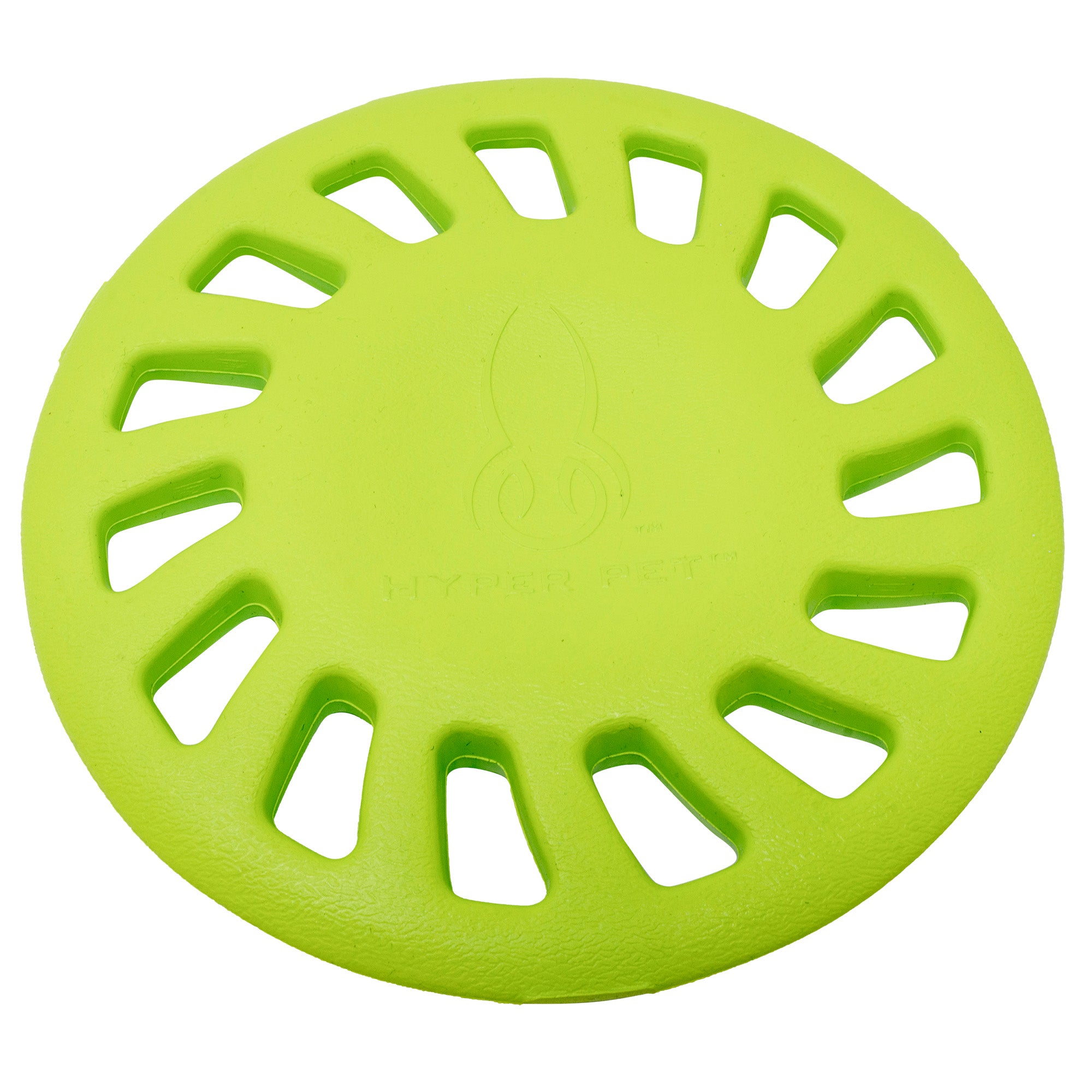 The Hyperpet Chewz Hubcap EVA Foam Dog Toy is a bright green, circular Frisbee with an embossed logo and rectangular edge cutouts. Made from non-toxic materials, its ideal for playtime fun as a dog chew toy.