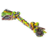 The Petmate Booda Multi-Colored Rope Bone by Petmate features fringed ends with intertwined strands of green, yellow, orange, blue, and gray. Designed for dog chews and dental health, its ideal for pets to play with against a plain white background.
