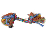 Introducing the Petmate Booda Multi-Colored Rope Bone, a vibrant dog toy with frayed ends and a twisted, knotted design. Made from blue, brown, green, and pink fibers by Petmate, its perfect for playful chewing and helping prevent dental disease.