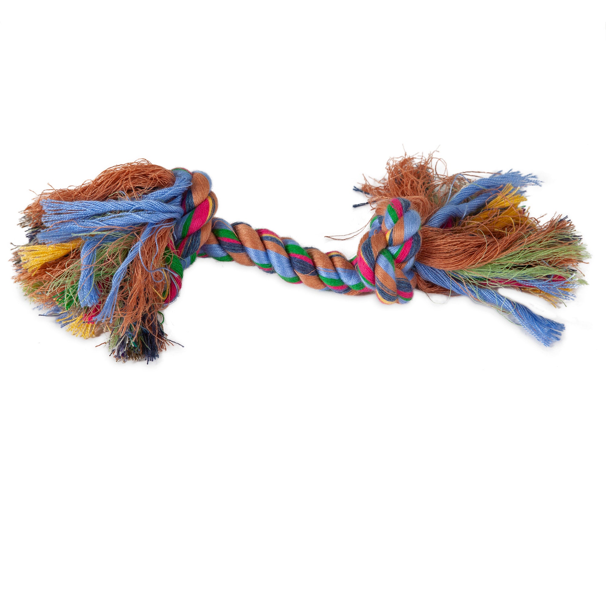 Introducing the Petmate Booda Multi-Colored Rope Bone, a vibrant dog toy with frayed ends and a twisted, knotted design. Made from blue, brown, green, and pink fibers by Petmate, its perfect for playful chewing and helping prevent dental disease.