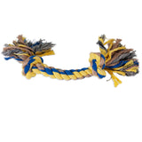 Introducing the Petmate Booda Multi-Colored Rope Bone, a vibrant dog toy made from blue, yellow, and gray ropes with fringed ends. Ideal for fun and play, it also aids in dental health as a natural chew to prevent dental disease and improve oral hygiene.