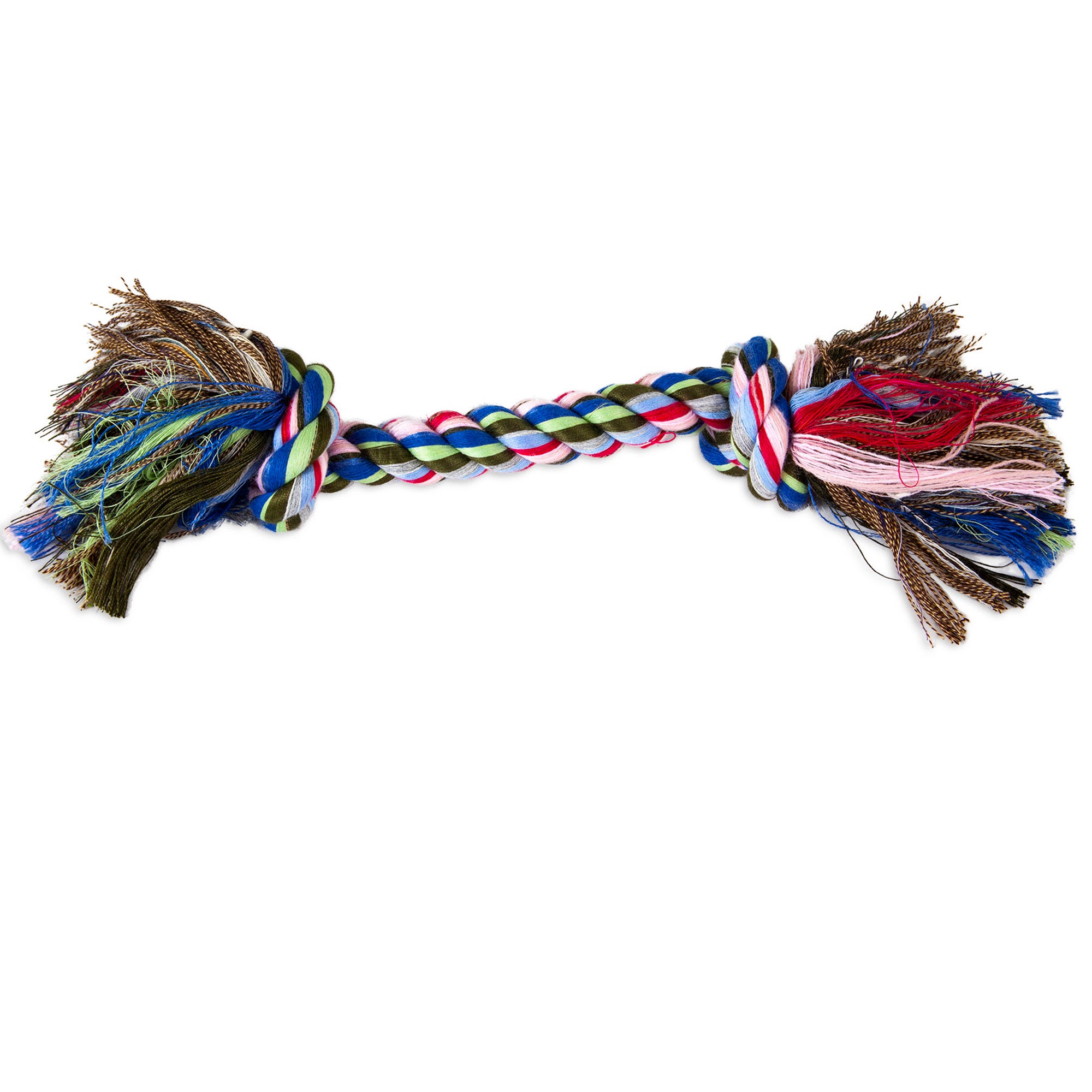 The Petmate Booda Multi-Colored Rope Bone by Petmate features frayed ends in blue, green, red, pink, and white. Perfect for tugging and chewing, this sturdy rope toy entertains while aiding in dental disease prevention with its vibrant strands.
