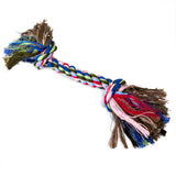 The Petmate Booda Multi-Colored Rope Bone, by Petmate, combines twisted strands of blue, green, white, and red with frayed ends. Perfect for playful pups and dental health support, this vibrant toy is set against a plain white background.