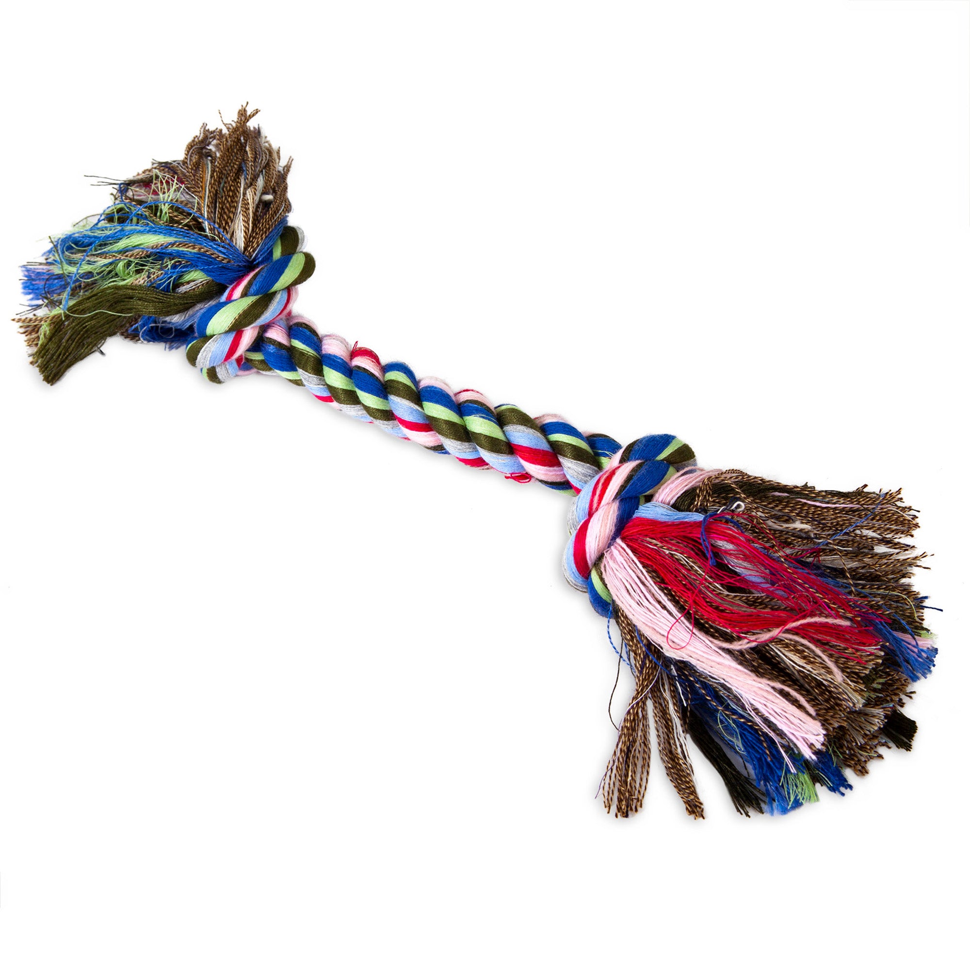 The Petmate Booda Multi-Colored Rope Bone, by Petmate, combines twisted strands of blue, green, white, and red with frayed ends. Perfect for playful pups and dental health support, this vibrant toy is set against a plain white background.